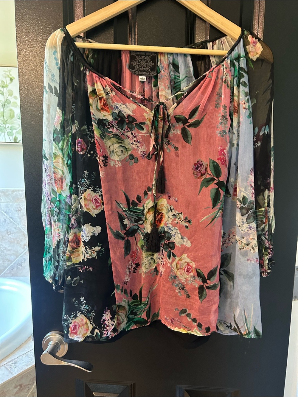 Johnny Was Pink & Black Floral Split-Panel Blouse